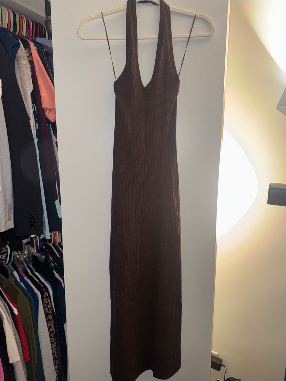 LOFT Brown Ribbed V-Neck Maxi Slip Dress